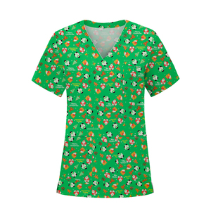 EWAKCOT Noël Imprimer Medical Tops Infirmière Accessoires Médecin Chirurgical <span class=keywords><strong>Blouse</strong></span> Dessin Animé À Manches Courtes Gommage Travail T-Shirt - Product Image 1