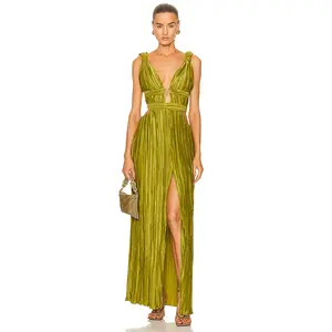 R30142S Sexy Sleeveless V Neck Hollow Out Long Dress Women Green Straps Backless High Waist Pleated Split Maxi Dress Party wear