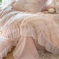 Ensemble de literie de style princesse en coton français de luxe, 4 pièces, broderie florale, dentelle, volants, housse de couette