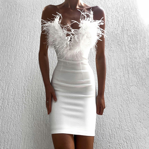 Vestido Blanco sin Tirantes con Adorno de Plumas, Vestido de Fiesta Elegante y Sexy para Mujer, Corte Ajustado - Product Image 1