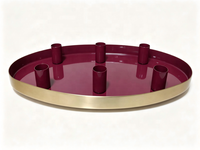 Plateau ovale en métal pour bougies avec 6 coupelles à bougies, plateau rouge et bord doré, candélabre décoratif pour table