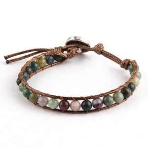 Pulsera Envolvente de <span class=keywords><strong>Cuero</strong></span> para <span class=keywords><strong>Mujer</strong></span> con Amazonita Personalizada y Turquesa Africana, Hecha a Mano con Ágata de la India y Piedras Preciosas Naturales de 6mm en 1 Fila - Product Image 2