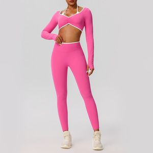 Set da 2 Pezzi con Top Corto a Maniche Lunghe con Scollo a V e Halter, <span class=keywords><strong>Leggings</strong></span> a Vita Alta con Finiture a Contrasto, Completo da Palestra e Yoga per Donne - Product Image 4