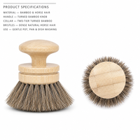 Brosse de nettoyage réutilisable pour casseroles et poêles, avec poignée en bambou, poils de cheval naturels, écologique, anti-rayures, ronde, pour la cuisine