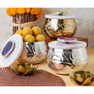 Luxury Metal Storage Jar Set with Marble <b>Lid</b> Decorative Dry Fruit Container with Agate Handle for Home <b>Decor</b> and Gifting - Product Image 1