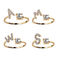 Bijoux à la mode, bague en laiton créative en strass, plaqué or, 26 initiales, lettre, bagues ouvertes pour femmes