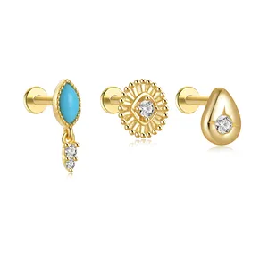 Unique Drop Stud Floral Women Gold Plating Turquoise Pearl 925 Sterling Silver CZ Zircon Round Stud Earring