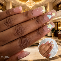 Faux ongles à presser en gel souple, forme cercueil moyenne, motifs cœurs et étoiles pastel, style French manucure, personnalisables et réutilisables, vente en gros