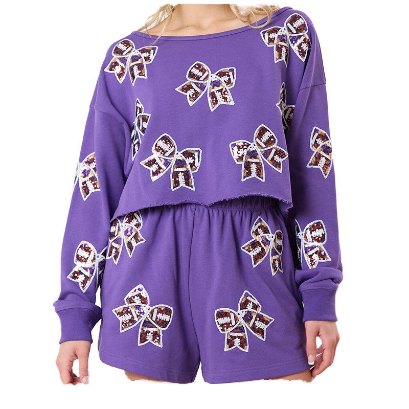 Hot Sale Long Sleeve Sequin Bow Cut Raw Hem Women Shorts Sets Best Sequin  Bow Piece Shorts Track Suit Women Sweatshirt Set