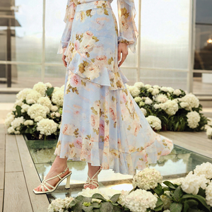 <span class=keywords><strong>Robe</strong></span> <span class=keywords><strong>longue</strong></span> maxi pour femme à col nœud papillon, motif floral tissé, manches longues à volants, superposition irrégulière de volants, décontractée, pour soirée et vacances, antistatique - Product Image 6