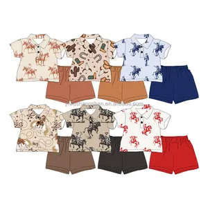 Customized OEM Western Style Kids Baby Cotton Fabric Short Sleeve Clothing Set Cartoon Pattern Print T-Shirt Tops Shorts Outfits