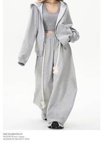 Pantalones Cargo de Cintura Elástica Estilo Retro Americano para Mujer, Primavera-Otoño, Gris, Pierna Ancha, Corte Regular, Transpirables, con Borlas de Chifón - Product Image 6