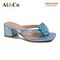 Sandal Selop Wanita Ringan, Bernapas, Anti-Selip, Kasual, Modis, PU, Ujung Persegi, Hiasan Berlian Imitasi, Hak Tebal