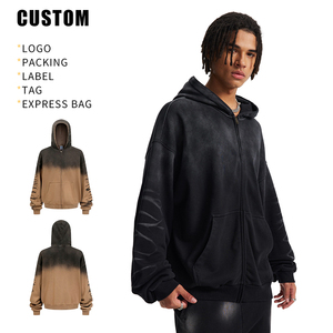 Sweat à capuche en coton vieilli de haute qualité avec fermeture éclair, style vintage, épais, oversize, unisexe, streetwear, délavé à l'acide, broderie 3D personnalisée - Product Image 3