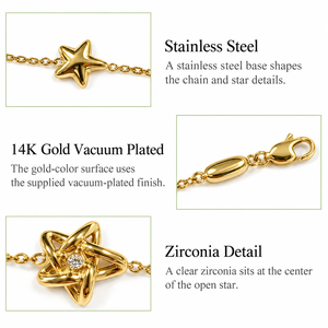 Star <b>Charm</b> <b>Bracelet</b>, Stainless Steel and Zirconia, 14K Gold Vacuum Plated, Gold and <b>Silver</b> Color Options - Product Image 4