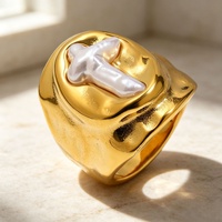 Gaovo Fashion Perhiasan Wanita Elegan Mewah Ringan Terlaris Cincin Baja Tahan Karat Lapis Emas 18K Mutiara Oval Buatan Laboratorium