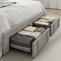 Cadre de lit rembourré moderne avec prise USB, tête de lit avec rangement, garniture cloutée et double tiroir pour chambre à coucher, mobilier de maison et chambre d'hôtel
