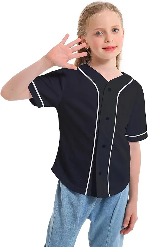 사용자 정의 로고 소년의 야구 버튼 다운 저지 아동용 반소매 소녀 힙합 티셔츠 어린이 스포츠 저지 셔츠 블랙