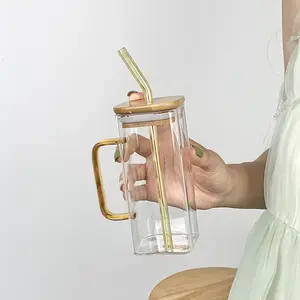 Handblown Vierkante Borosilicate Hittebestendige Clear Glas Mok Drinkglas Water Tuimelaars Met Handvat Houten Deksel En Stro