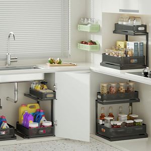 Mesh Height Adjustable <b>Pull</b> <b>Out</b> Dish Under the Bathroom Cabinet Drying Spice Sink Storage Rack With 2-Tier Slide <b>Out</b> Drawer - Product Image 5