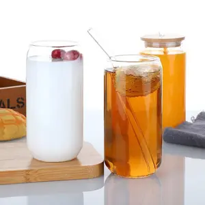 Drinking Glasses Tumbler Clear Glass Cup Reusable Beer Can Shaped High Borosilicate Glass Cup With Bamboo Lid And Straw