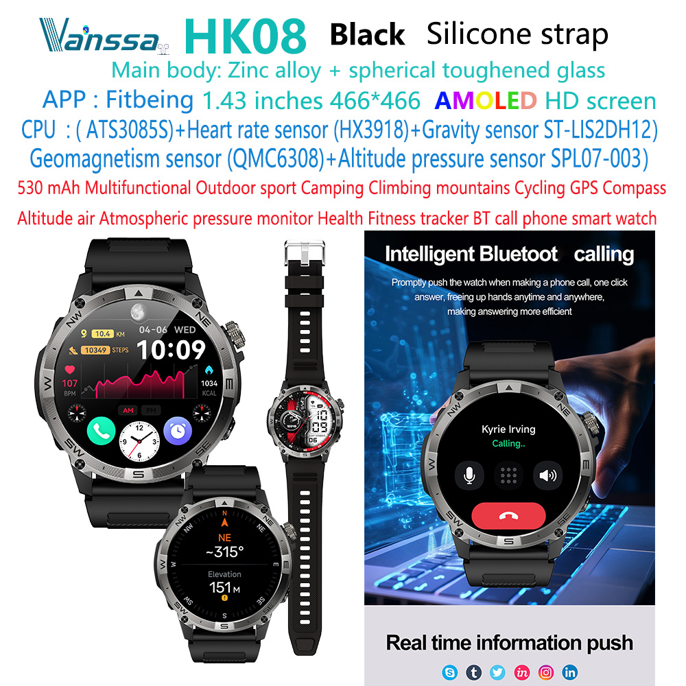 Reloj inteligente deportivo para exteriores con altitud HK08-GPS negro