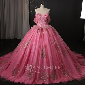 ชุดราตรีงาน Quinceanera สีชมพูสดใส รุ่น Lsdz122 ผ้าชีฟองทรงบอลกาวน์ คอรูปหัวใจ ประดับเลื่อมหนัก ลูกปัด และลายดอกไม้  ด้านหลังแบบคอร์เซ็ท - Product Image 6
