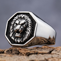 Bague Hip-Hop Lion en Acier Inoxydable Plaqué Or pour Homme, Bague Punk Géométrique Hexagonale en Acier Inoxydable Argenté, Modèle « Le Pêché de Fierté du Lion »