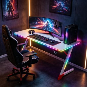 Scrivania da Gaming RGB a Forma di Z, Tavolo per Computer con Illuminazione LED, Scrivania in Fibra di Carbonio con Gancio per Cuffie e Portabicchieri - Product Image 4