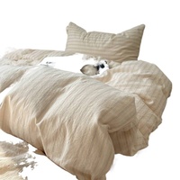 Parure de lit 4 pièces en coton 100% teint en fil, lavée, antistatique, rayée, 600 fils/cm², design minimaliste de style japonais, pour un sommeil pur.