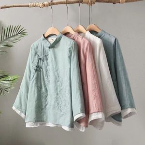 Traditional Chinese Embroidered Linen Cotton Shirt Women Loose Round Neck Tea Dress With Chinese Knot Buttons Spring 2025 - Product Image 1