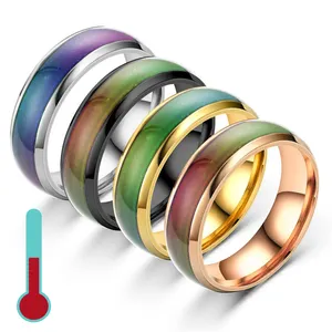Hot Sale 6mm 18K Gold Plated Stainless Steel Temperature Sensitive Glaze 7 Changing Color Mood Rings For Men Women Couple