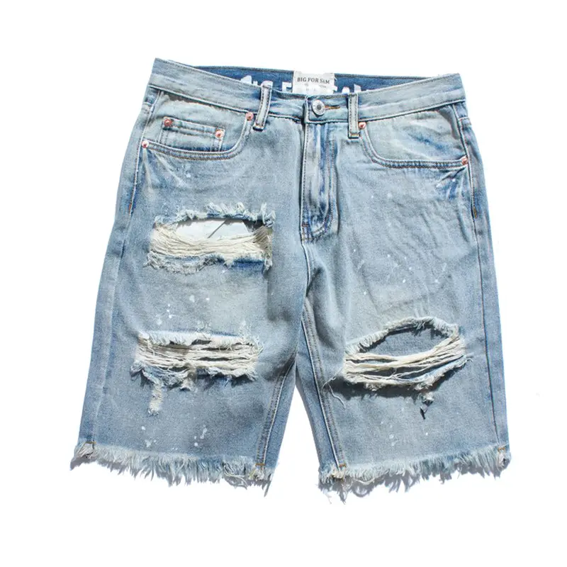 Ripped Destroyed Distressed Denim Shorts Mens Hole Denim Shorts Blue Male men Fashion Casual Jeans Short