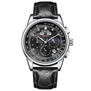 Montre à quartz étanche pour homme, populaire, avec double calendrier, diamants, phases de lune et bracelet en cuir - Product Image 3
