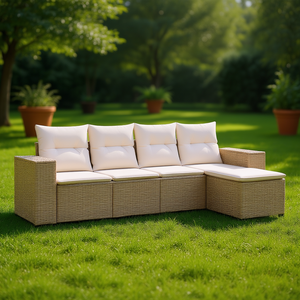 Conjunto de Sofás Modulares de Ratán Sintético PE Beige para Jardín, Muebles de Exterior Cómodos, Diseño Contemporáneo, Cojines de Espuma de Alta Densidad - Product Image 2