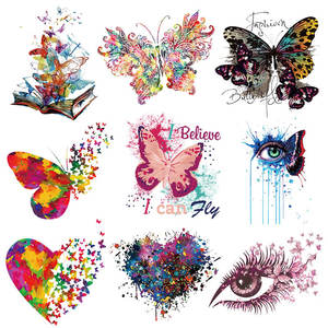 Stock listo para <span class=keywords><strong>Amazon</strong></span>, pegatinas coloridas para planchar, Impresión de mariposa, diseño de transferencia de calor para accesorios de ropa, Material de PVC - Product Image 1