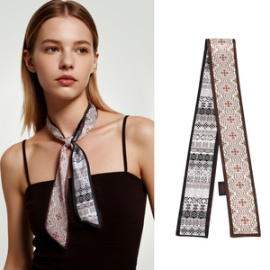 Custom Printed Long Ribbon Scarf 90x5cm & 120x8cm Lightweight Chiffon Feel Scarf, Leaf Argyle Print Hair Neck Scarf for Women - Product Image 2