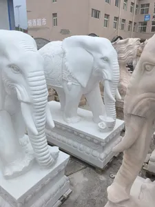 Каменная скульптура ручной работы Белая Мраморная большая статуя слона для наружного украшения
