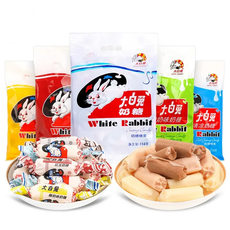 وجبات خفيفة كلاسيكية شائعة للأطفال سعة 114 جرام حلوة كريمة حلوة مطاطية على شكل أرنب أبيض حلوة حليب قابلة للمضغ