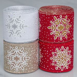 Ruban festif de haute qualité en toile de jute avec bordure filée et flocons de neige scintillants de 6,3 cm pour emballage cadeau de Noël, 10 yards/rouleau - Product Image 1