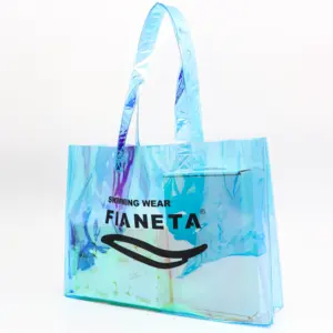 Benutzer definierte Logo PVC Shinny Holo graphische Einkaufstasche mit stärkerem Griff Hologramm PVC Verpackungs tasche für Frau Shopping Aufbewahrung tasche