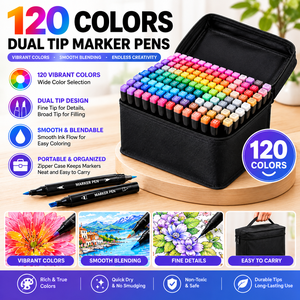 120 stylos marqueurs à double pointe, pointe large de 6 mm et pointe fine de 1 mm, marqueurs artistiques pour colorer, dessiner, esquisser avec étui de transport - Product Image 1
