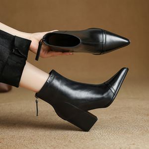 Botines Cialisa Sexys de Punta Puntiaguda para <span class=keywords><strong>Mujer</strong></span>, Otoño Invierno, Transpirables, de Cuero Genuino, Tacón Cuadrado, Tacones Altos, Botines Cortos - Product Image 2