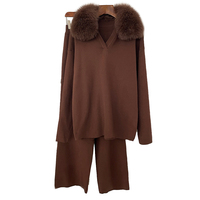 Ensemble Deux Pièces de Luxe en Tricot de Laine pour Femme, Pull à Col Montant, Pantalon en Véritable Fourrure de Renard, Motif Uni, Décontracté pour Tenue Automne/Hiver
