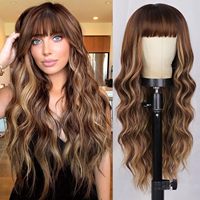 Perruque synthétique longue ondulée à franges complètes, marron miel blond ombré, résistante à la chaleur, pour femmes, usage quotidien