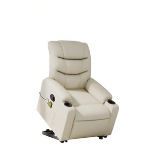 Fauteuil inclinable massant électrique en cuir véritable crème avec télécommande, un siège, design contemporain - Product Image 1