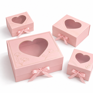 Custom Luxury Pink Heart <b>Window</b> Foldable Rigid Paper Gift Box With Ribbon Custom Logo Print <b>Window</b> Shape Own factory - Product Image 1