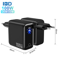 Chargeur mural GaN IBD 100W à 3 ports (1 USB-A + 2 Type-C) avec charge rapide PD et écran TFT 1,3 pouces pour affichage de la puissance