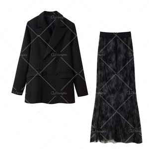 GX7570 Completo da Donna Streetwear Autunnale Due Pezzi con <span class=keywords><strong>Blazer</strong></span> a Maniche Lunghe con Revers e Maxi <span class=keywords><strong>Gonna</strong></span> Trasparente in Pizzo - Product Image 4