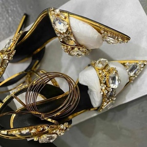 Sandales de luxe dorées à lacets, talons aiguilles ornés de diamants, chaussures sexy pour femme avec bride arrière, grandes tailles 43 - Product Image 4